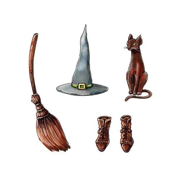 Hand Drawn Marker Clipart Set Witch Hat Broom Brown Leather — Stock Photo, Image