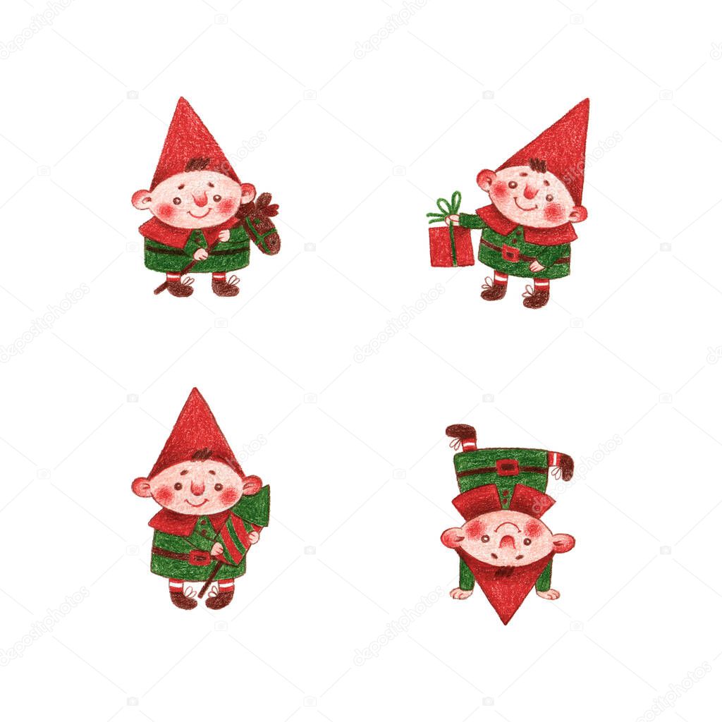 Hand drawn color pencil illustration set of different cute little dwarfs or santa helpers in red green costumes isolated on white. Christmas, celebration and winter holidays