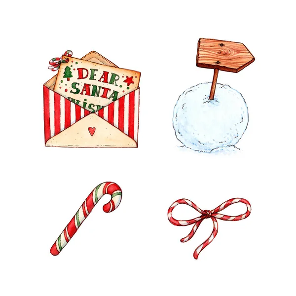 Illustrazione Acquerello Disegnata Mano Set Lettere Babbo Natale Canna Zucchero — Foto Stock