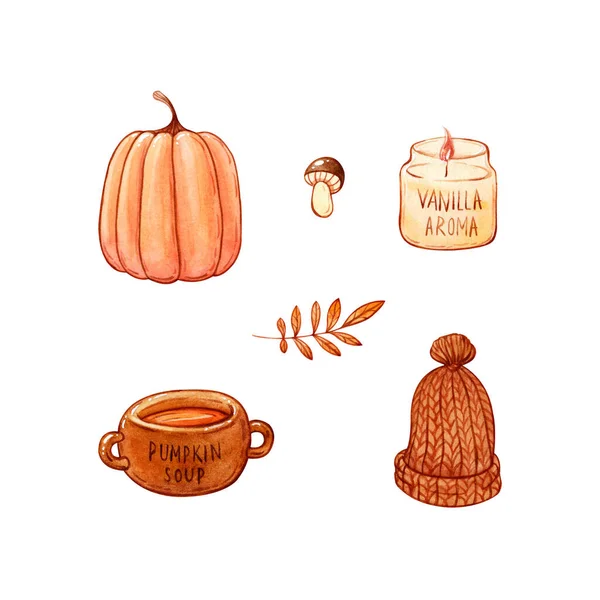Hand Drawn Watercolor Illustration Clipart Set Pumpkin Soup Vannilla Candle — Stock Photo, Image