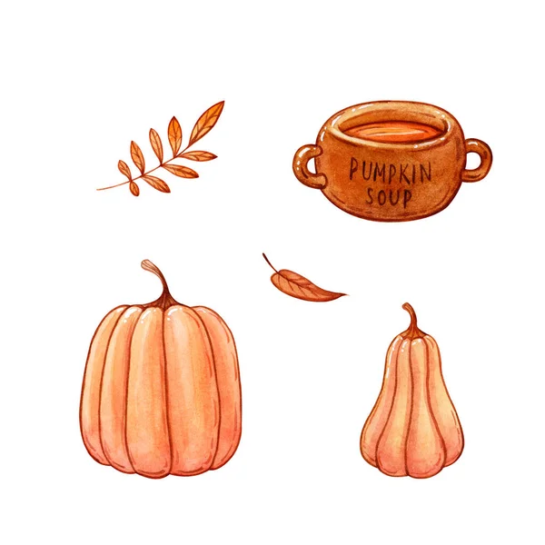 手绘水彩画 一组南瓜 一碗奶油汤和落叶隔离在白色上 秋天的色彩和季节中期的概念 — 图库照片