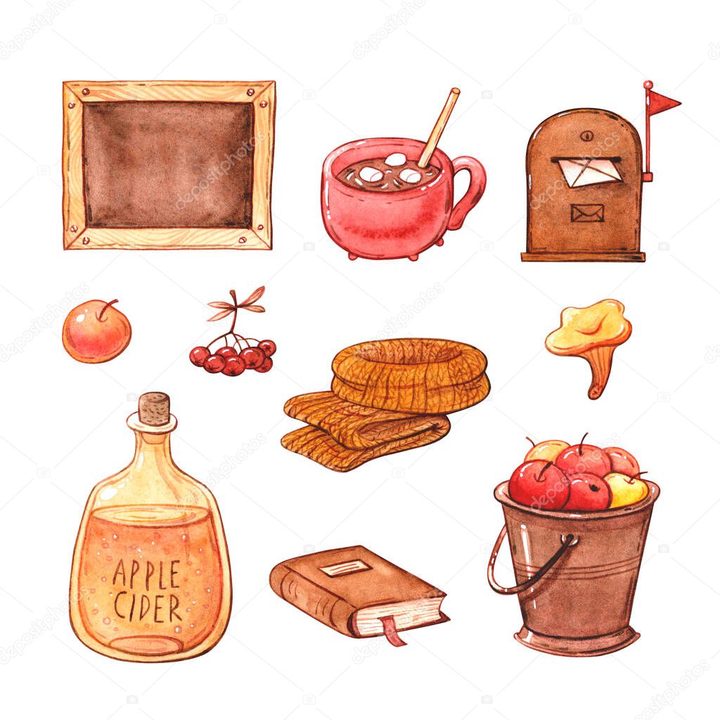 Hand drawn watercolor illustration clipart set of chalkboard, hot chocolate mug, apple cider, scarf with mushroom and letter in mail box isolated on white. Autumn colors and mid season concept