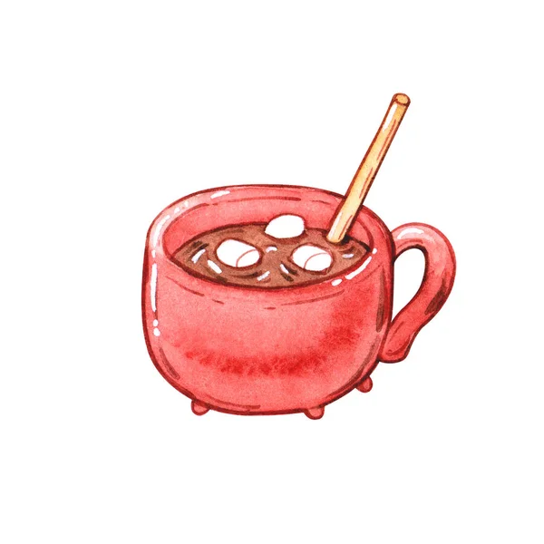 Ilustração Aquarela Desenhada Mão Caneca Vermelha Com Chocolate Quente Marshmallows — Fotografia de Stock