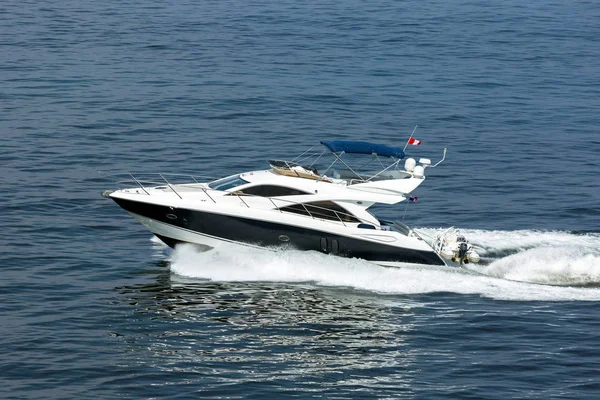 Tropikal denizde dalgalı, lüks bir özel motor yatı sürüyor..