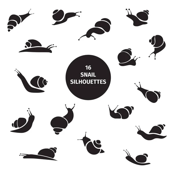 Set mit 16 schwarzen Schneckensilhouetten auf weißem Hintergrund — Stockvektor