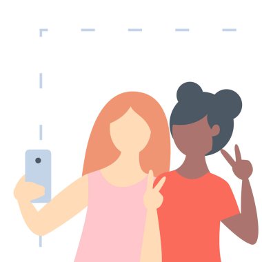 Ziyaretçi işareti gösteren iki kız selfie çekiyor.