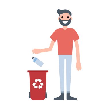 Adam çöp kutusuna plastik şişe atıyor.