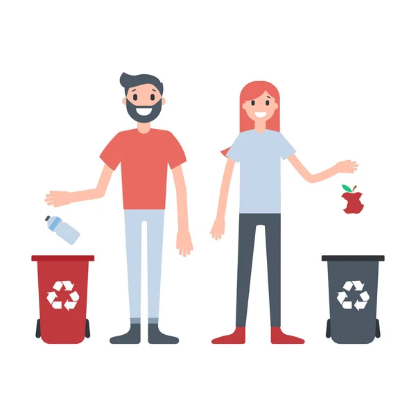 Chico y chica arrojando residuos a diferentes contenedores — Vector de stock