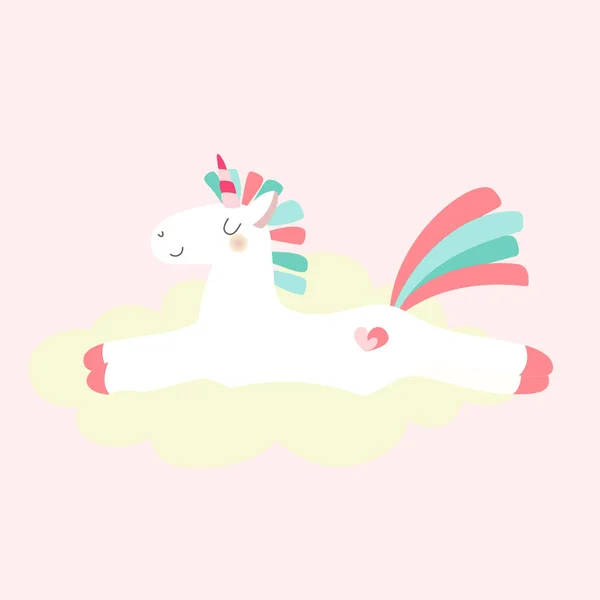 Lindo unicornio descansando en la nube — Vector de stock