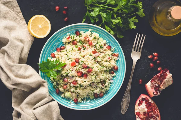 Middle Eastern Salad Tabbouleh Couscous Pomegranate Seeds Parsley Top View — Stock Photo, Image