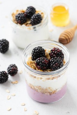 Yulaf, böğürtlen ve Yunan yoğurt lezzetli breakfast parfe