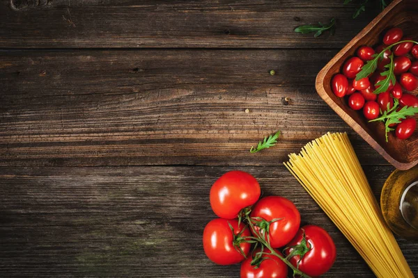 Pasta Tomatoes Olive Oil Herbs Wooden Background Italian Cuisine Food — Stock Photo, Image