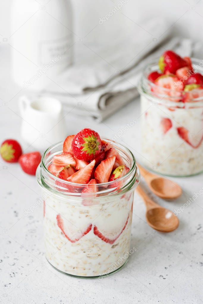 Vegan or vegetarian food overnight oats with strawberries