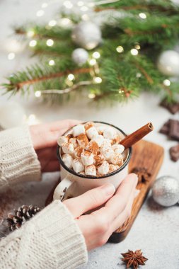 Sıcak çikolata şekerleme ve tarçın ile tutarak. Örme kazak sıcak içecek tutan kız. Seçici odak. Rahat Noel kavramı
