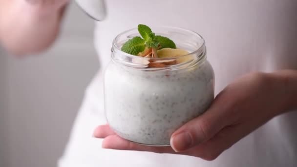 Girl Eating Chia Pudding Breakfast Healthy Eating Weight Loss Concept — Stock Video
