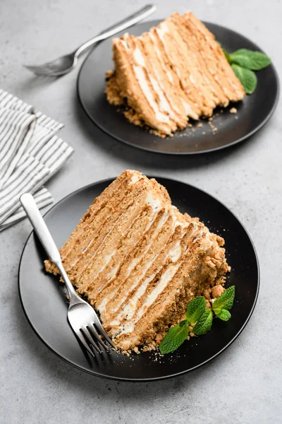 Pastel de capa Medovik o pastel de miel en plato negro — Foto de Stock