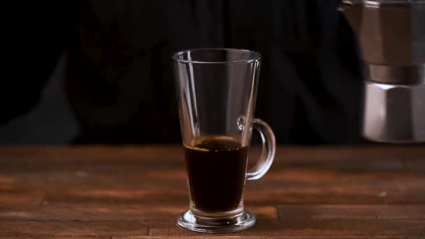 Making Coffee Latte Person Pouring Coffee Glass Coffee Mug Adding — Stock Video