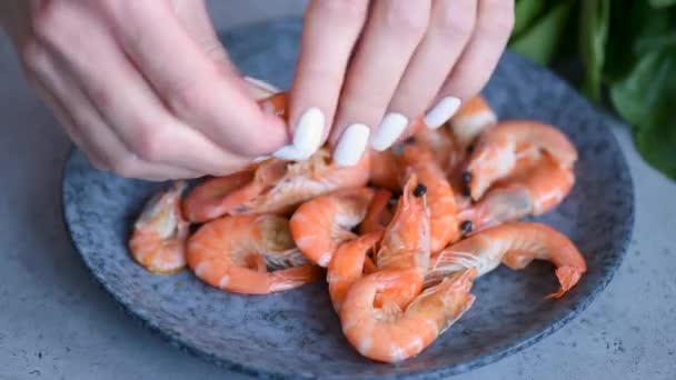 Woman Cleaning Shrimps Hands Closeup View — Stock Video