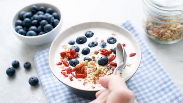 Äta Hälsosam Frukostskål Med Grekisk Yoghurt Blåbär Granola Och Gojibär — Stockvideo