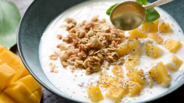 慢动作吃酸奶碗与芒果和燕麦 特写视图 健康饮食理念 健康生活方式 — 图库视频影像