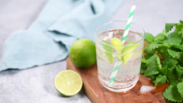 Sparkling Summer Cocktail Lime Mint Soda Water Lime Ice Cold — Stock Video