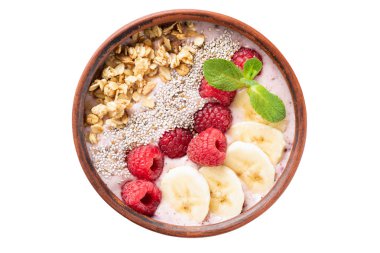 Meyve, granola, chia tohumu ile Pembe smoothie kase