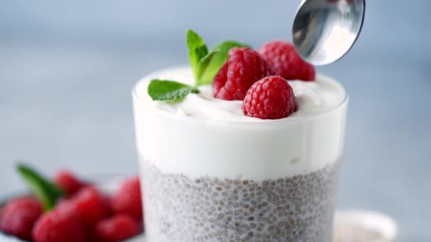 Eating Healthy Dessert Cream Taking Spoonful Greek Yogurt Dessert Chia — Stock Video