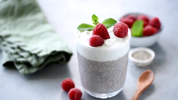 Chia Pudding Parfait Med Hallon Och Grekisk Yoghurt Glas Hälsosam — Stockvideo