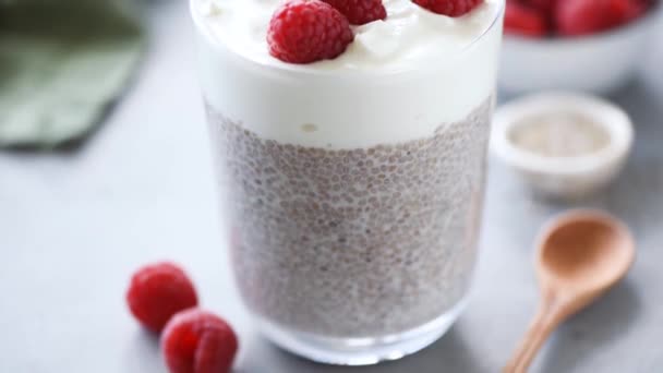 Chia Pudding Yogurt Raspberries Glass Healthy Vegetarian Food — Stock Video