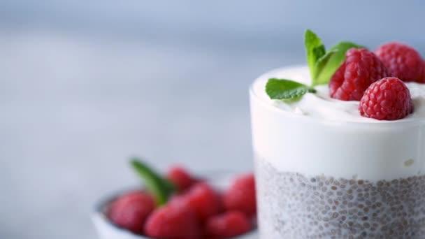 Wegetariańskie Jedzenie Chia Pudding Grecki Jogurt Parfait Zwieńczona Malinami Nagrania — Wideo stockowe