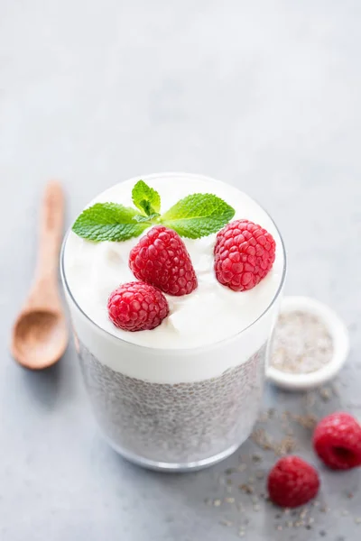 Чиа пудинг, йогурт и ягоды в стекле — стоковое фото