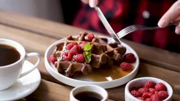 Unbekannter Isst Köstliche Belgische Schokoladenwaffeln Mit Sirup Und Kaffee Café — Stockvideo