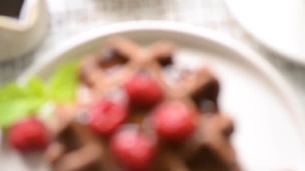 プレートにラズベリーを入れたベルギーのチョコレートワッフル おいしい甘い朝食またはデザート — ストック動画