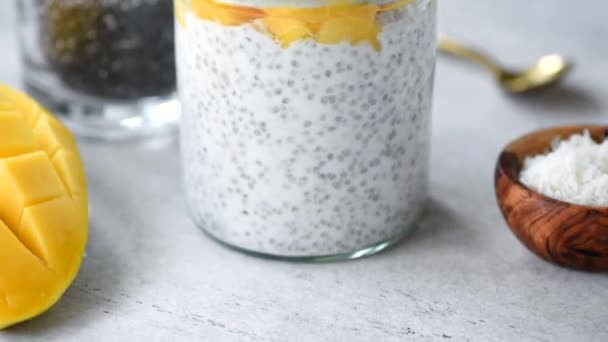 Mango Chia Pudding Jar Healthy Vegan Vegetarian Meal Breakfast Snack — Stock Video