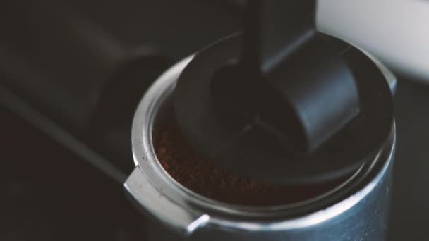 Tamping Ground Coffee Portafilter Closeup View Cinematic — Stock Video