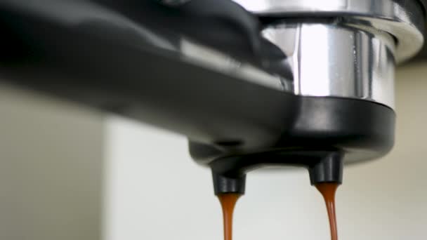 コーヒーマシンクローズアップビューでポルタフィルターから注ぐコーヒーストリーム コーヒーを準備するプロセス — ストック動画