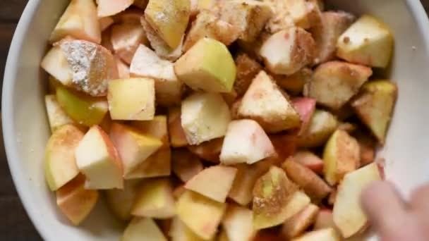 Classical Apple Pie Filling Cooking Process Mixing Chopped Apples Brown — Stock Video