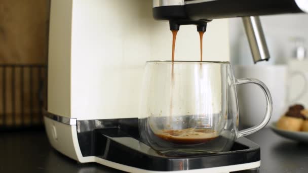 Coffee Machine Pouring Espresso Double Bottom Glass Cup Black Coffee — Stock Video