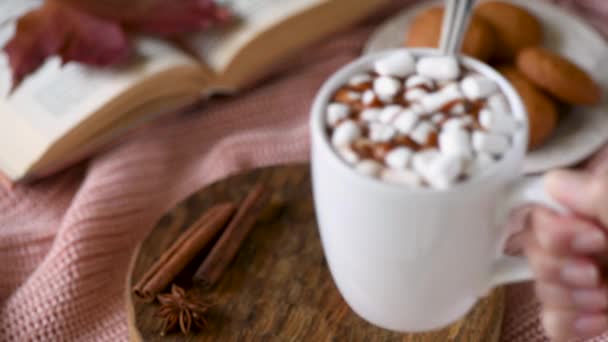 Polož Hrnek Horké Čokolády Marshmallows Skořicí Stůl Teplý Nápoj Podzim — Stock video