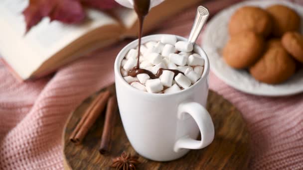 Tazza Cioccolata Calda Con Marshmallow Salsa Cioccolato Doppia Cioccolata Calda — Video Stock