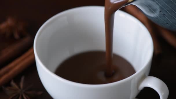 Pouring Hot Chocolate Cup Slow Motion Closeup View — Stock Video