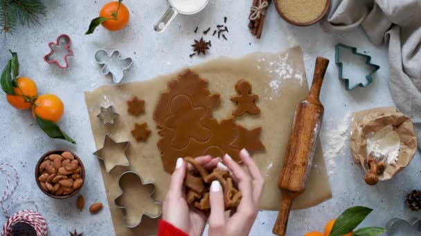 Biscoitos Natal Estilo Vida Férias Inverno Mulher Cortar Biscoitos Gengibre — Vídeo de Stock