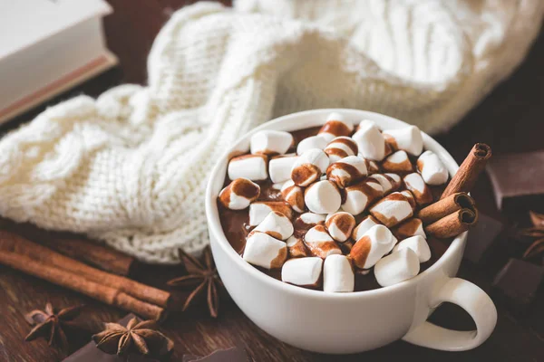 Marşmelov ve tarçınlı bir fincan sıcak çikolata. — Stok fotoğraf