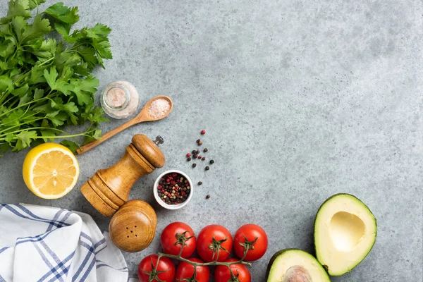 Vegetais Especiarias Fundo Cozinha Ingredientes Frescos Para Cozinhar Refeição Saudável — Fotografia de Stock