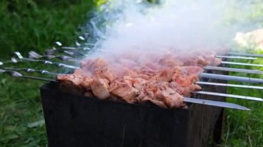 Shashlik, dışarıda mangal kömüründe kırmızı et var. Şiş kebap.