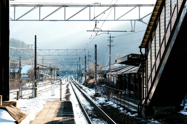 Beautiful train station In the middle of the valley and nature at Narai-juku, Japan.