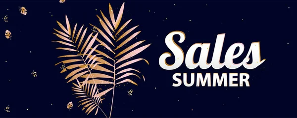 销售横幅夏季背景热带黄金在黑暗的背景 异国情调的植物设计 用于假日销售海报 — 图库矢量图片