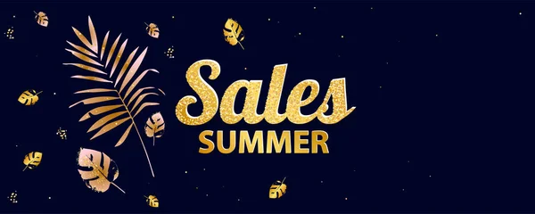 销售横幅夏季背景热带黄金在黑暗的背景 异国情调的植物设计 用于假日销售海报 — 图库矢量图片