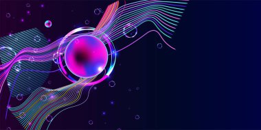 Mavi koyu retro fütüristik neon soyutlama arka plan kozmos yeni sanat 3d yıldızlı gökyüzü parlayan galaksi ve gezegenler