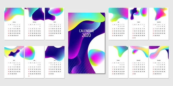 Pagine Separate Calendario 2020 Sfondo Astrazione Stile Liquido Modello Creativo — Vettoriale Stock